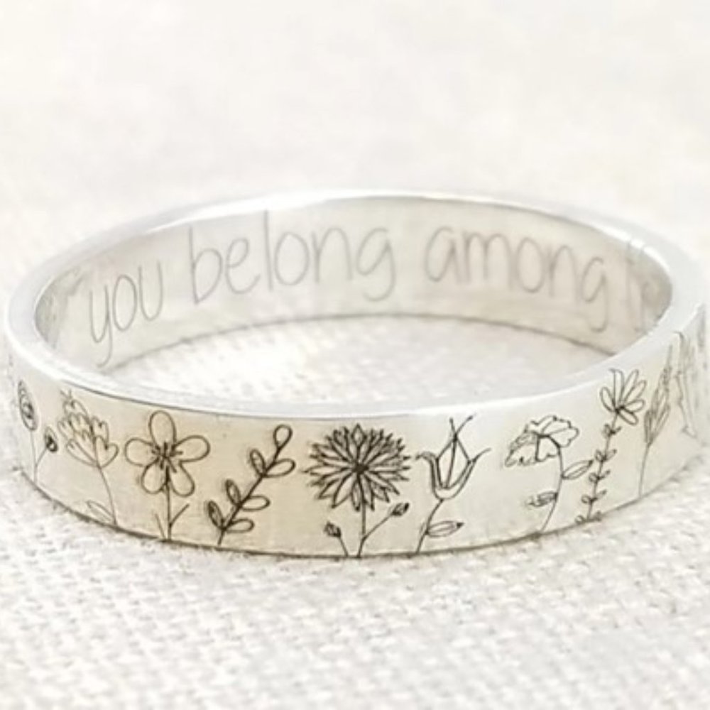 Silver Carved  Delicate Wildflowers Ring